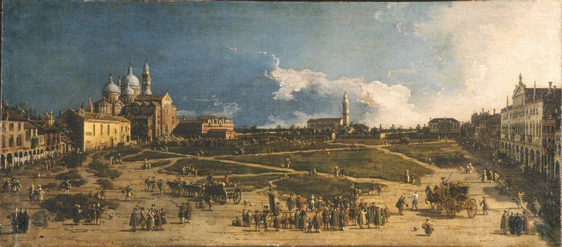 Rococo oil painting by Canaletto depicting Prà della Valle in Padua with a canal and park.