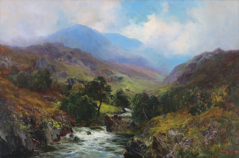 Pintura al óleo de John Falconer Slater que muestra niebla sobre un río en las Tierras Altas de Escocia.