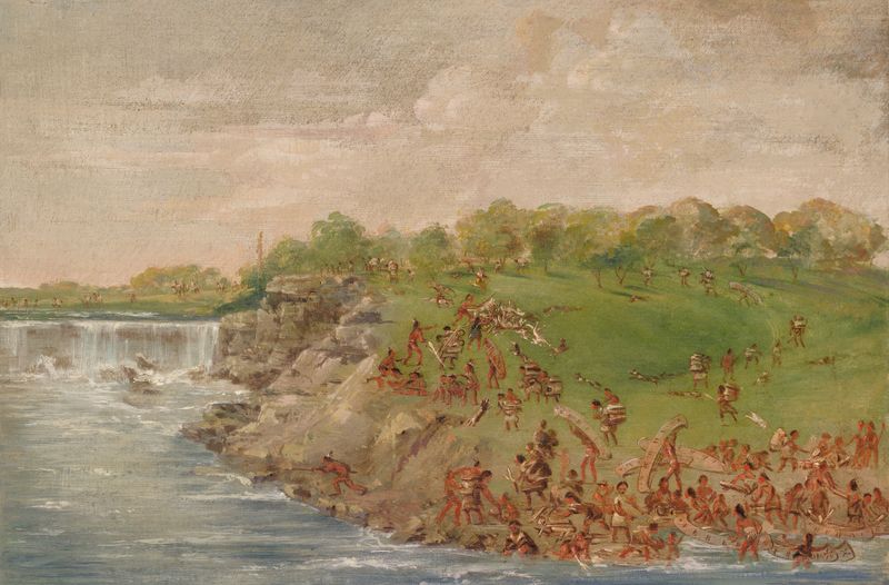 Ojibwa Portaging Around The Falls Of St. Anthony, oil on canvas by George Catlin showing Native Americans navigating a waterfall.