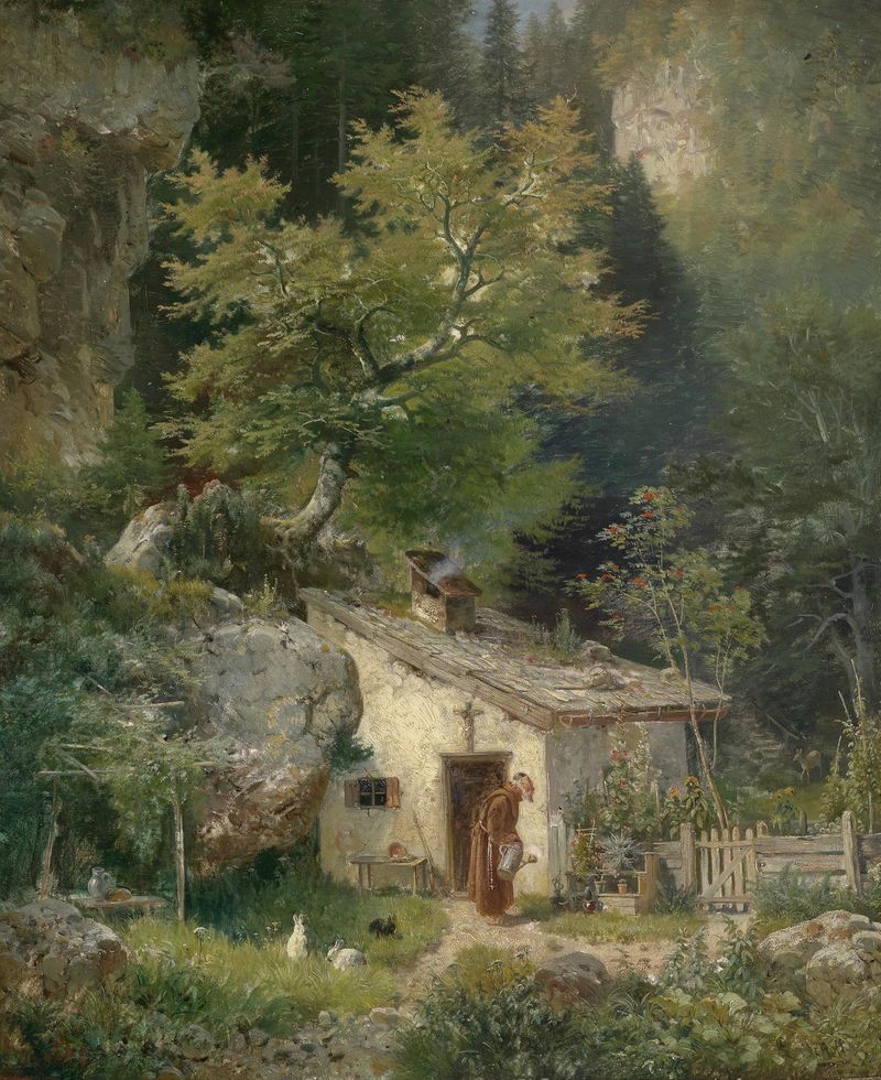 Solitary figure in a wilderness landscape, oil painting by Ludwig Sckell