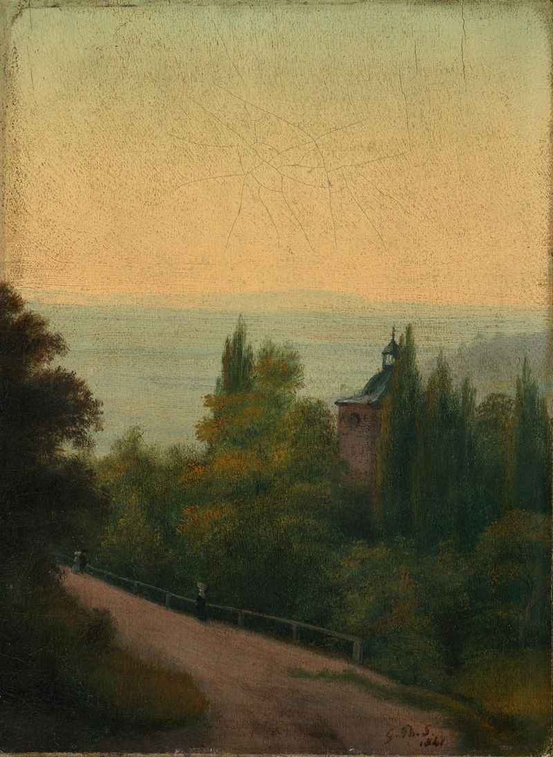 Blick auf das Heidelberger Schloss de Georg Philipp Schmitt, óleo de un castillo al atardecer.