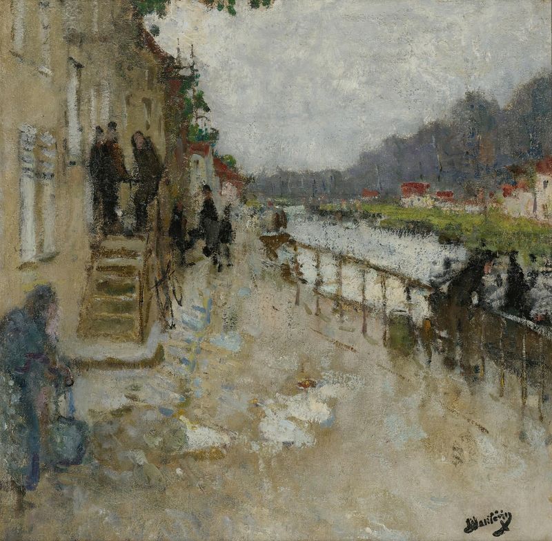 Bord De Canal À Saint-Mammès by Pierre-Eugène Montézin, oil painting depicting a canal with reflections.