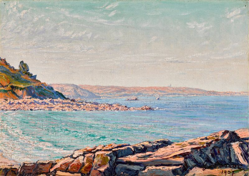 Escena marina que representa el mar y la costa, óleo de Gustave Cariot