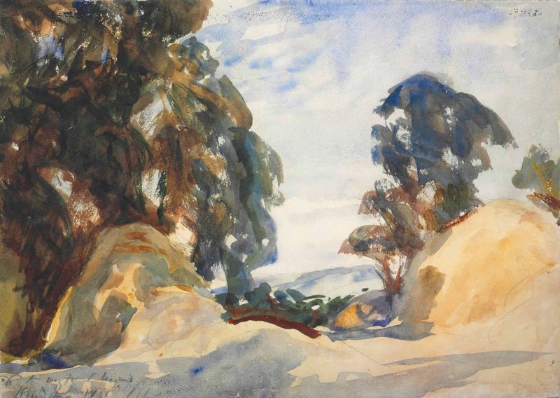 Landscape with Trees, pintura a óleo de John Singer Sargent, com árvores vibrantes e um céu azul.