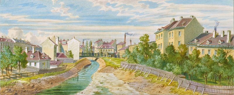 Die Magdalenenbrücke über den Wienfluss by Franz Gerasch, oil on canvas depicting a bridge over a river.