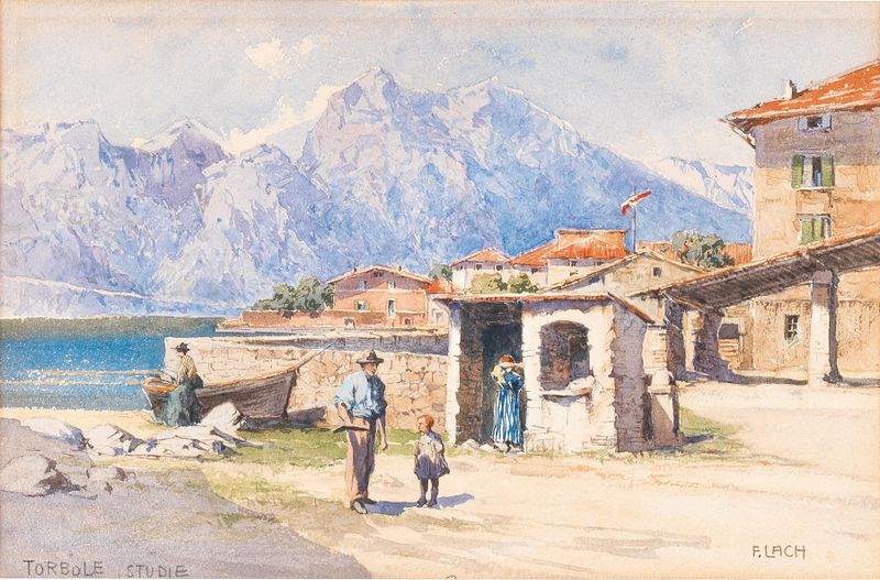 Near Torbole de Fritz Lach, óleo sobre tela representando um lago sereno com ondulações e luz do sol.