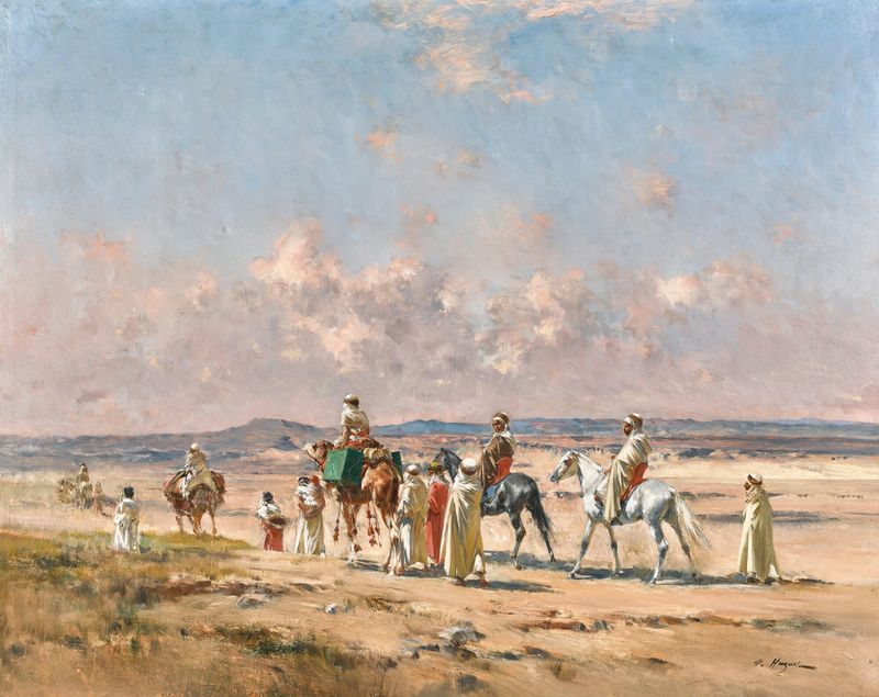 A caravan crossing the desert in oil on canvas by Victor Huguet