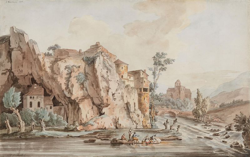 Landschaft bei Vaucluse in den französischen Seealpen de Jacob Philipp Hackert, óleo sobre lienzo, que muestra colinas y n...