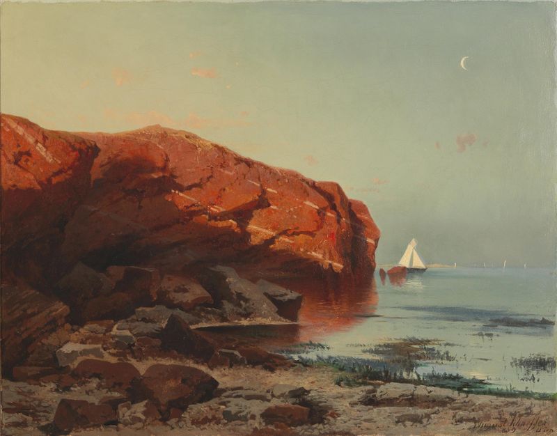 Landscape oil painting by August Schaeffer von Wienwald depicting crashing waves and cliffs.