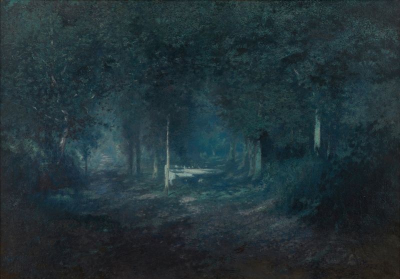 Wood by Moonlight by Adrien-Joseph Heymans, landscape with moonlight and trees, oil painting