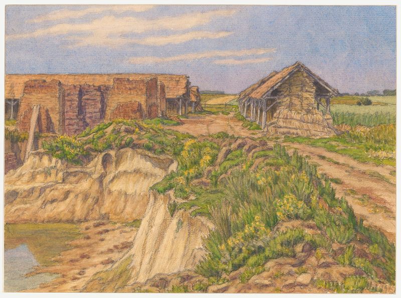 Tôtes litografia de Henri Rivière representando águas turbulentas e paisagem.