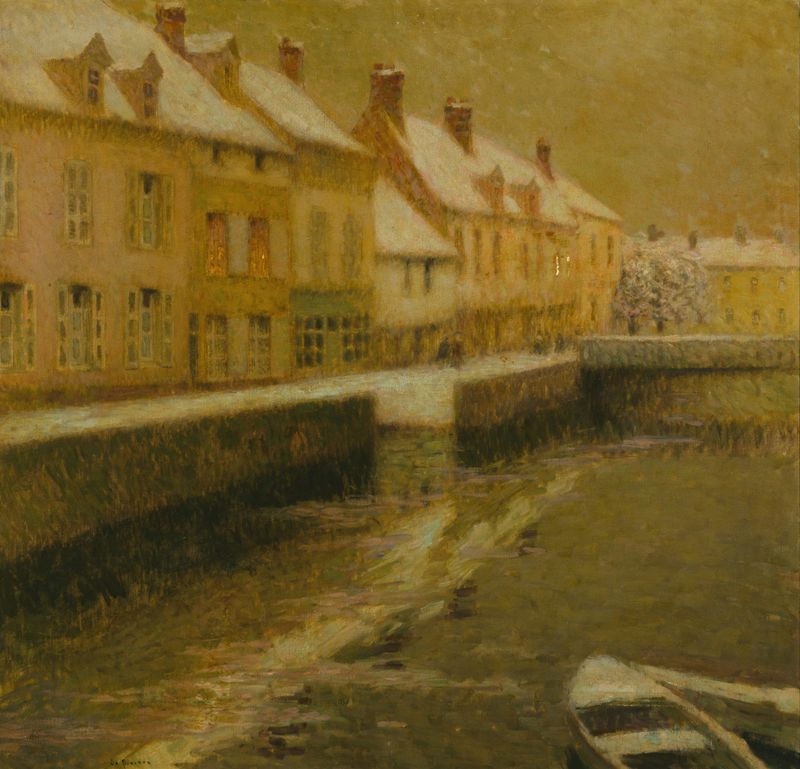 Paisaje invernal con un canal en Brujas de Henri Le Sidaner, pintura al óleo