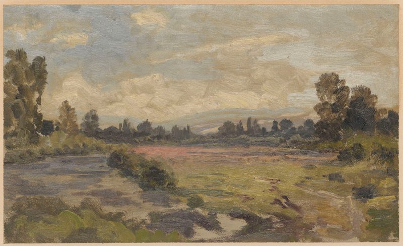Paisagem com um rio e montanhas, óleo sobre tela de Adolf Dressler