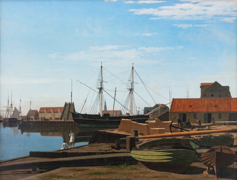 Larsens Plads by Carl Dahl, oil painting depicting a serene village landscape with cobblestone path and soft light.