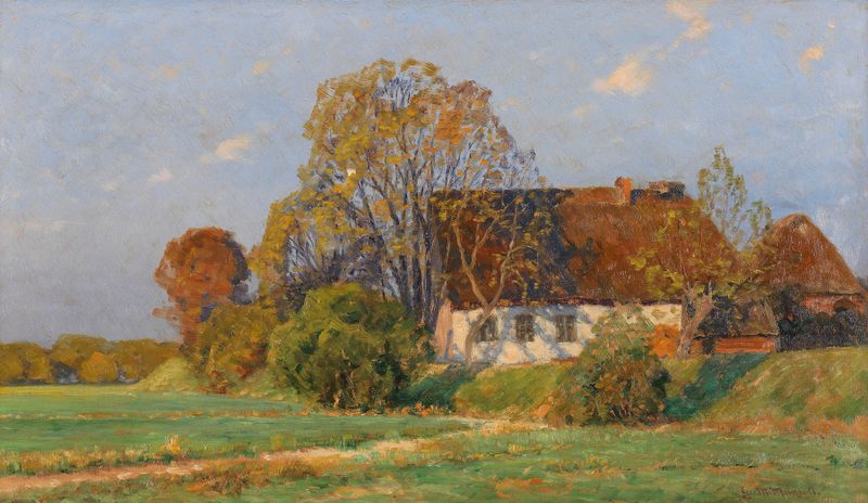 Paisagem de outono com uma casa de campo e luz dourada, pintura a óleo de Georg Meinzolt