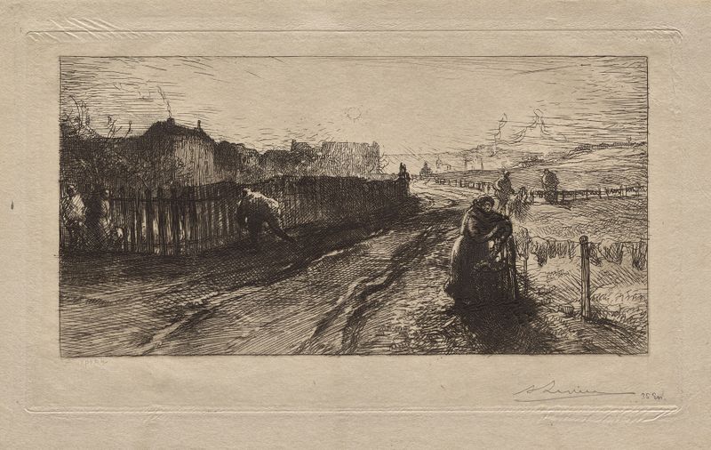 At the Fortifications, Porte de Versailles de Auguste Louis Lepère, pintura al óleo que representa un paisaje sereno.