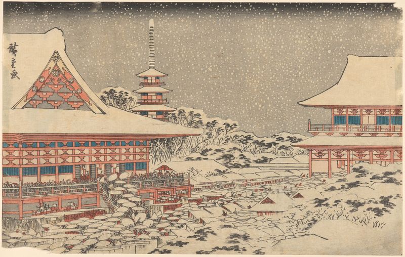 Dois pavilhões vermelhos na neve, xilogravura de Utagawa Hiroshige