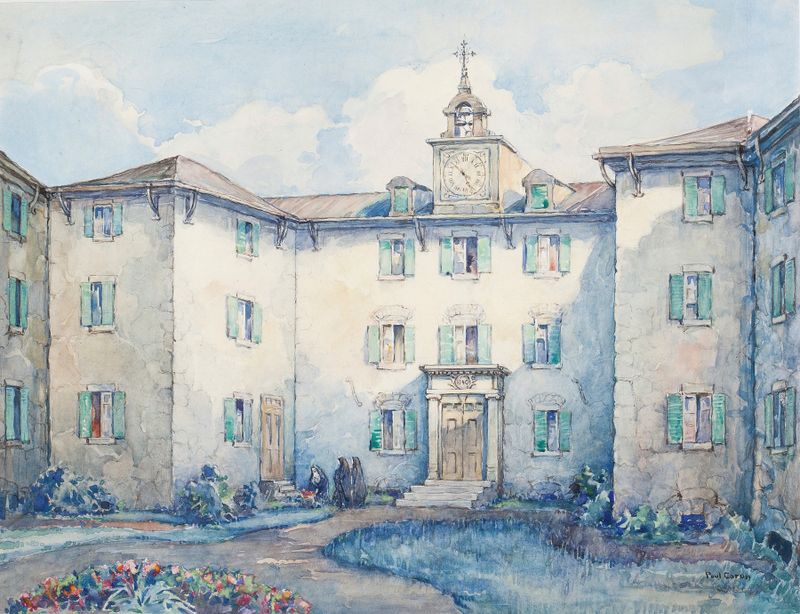 Seminaire Des Sulpiciens de Paul Archibald Octave Caron, óleo sobre tela que retrata a fachada de um seminário histórico.