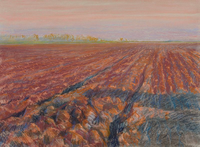 Ridge at sunset, oil on canvas by Józef Rapacki, features a ploughed field at twilight.