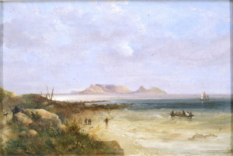 Cena marinha de Table Bay por Thomas Bowler, óleo sobre tela