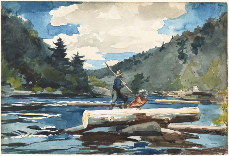 Hudson River, Logging de Winslow Homer, óleo sobre tela mostrando trabalhadores em um rio