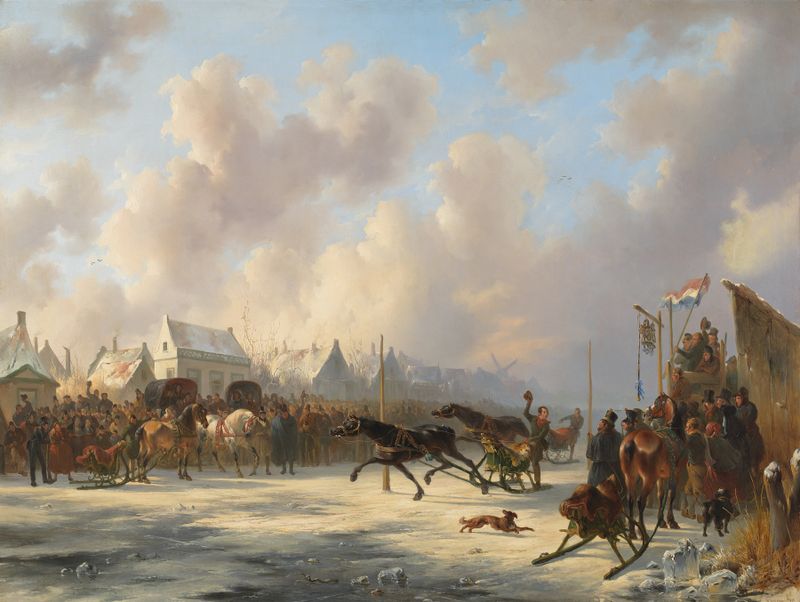 Genre scene of a horse race in a landscape by Wouterus Verschuur, oil painting