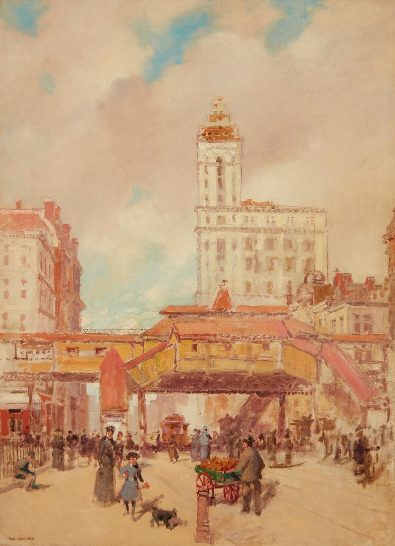 Third Avenue, New York by Paul Cornoyer, oil on canvas depicting a bustling street at twilight.