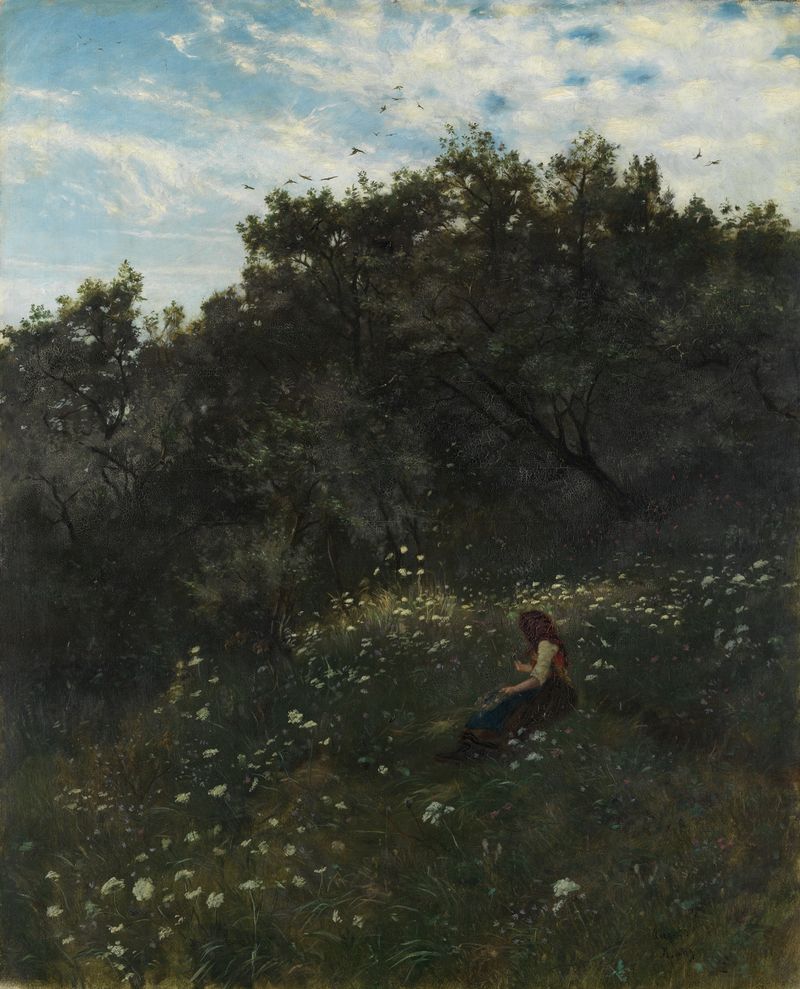 Landscape of hills under soft light by Albert Lang, 1873