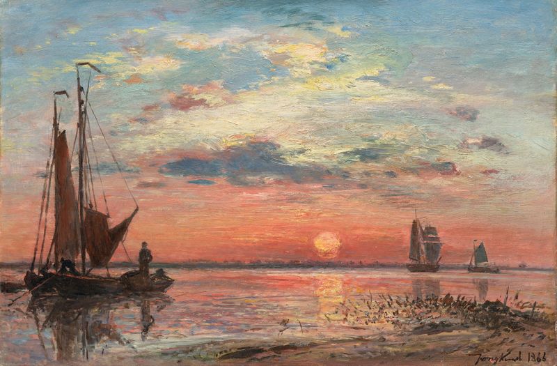 L’Escaut près d’Anvers, Soleil couchant de Johan Barthold Jongkind, pintura a óleo que retrata um pôr do sol sobre um rio.
