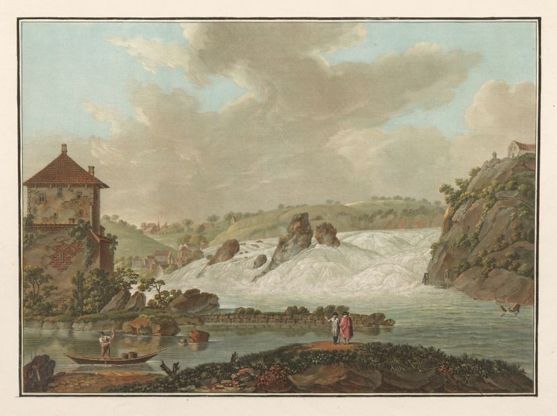 Rheinfall de Friedrich Rosenberg, retratando uma cachoeira em movimento tumultuoso, pintura a óleo