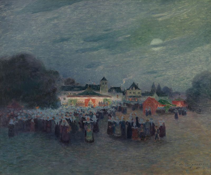 Moonlit carousel with galloping horses, oil on canvas by Ferdinand du Puigaudeau
