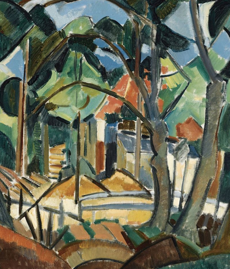 Huis Tussen Bomen de Lodewijk Schelfhout, pintura al óleo que muestra una casa rodeada de árboles.