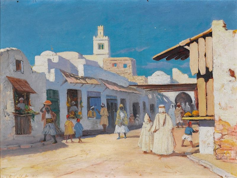 A Street In Tunis by Charles Cottet, oil on canvas depicting a sunlit street with stucco architecture.