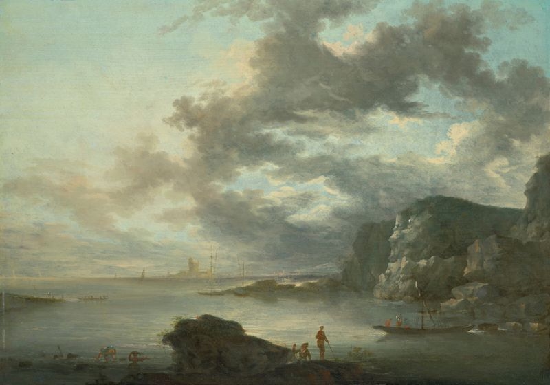 Seascape by Louis Gabriel Moreau, oil painting depicting ocean waves and shoreline.