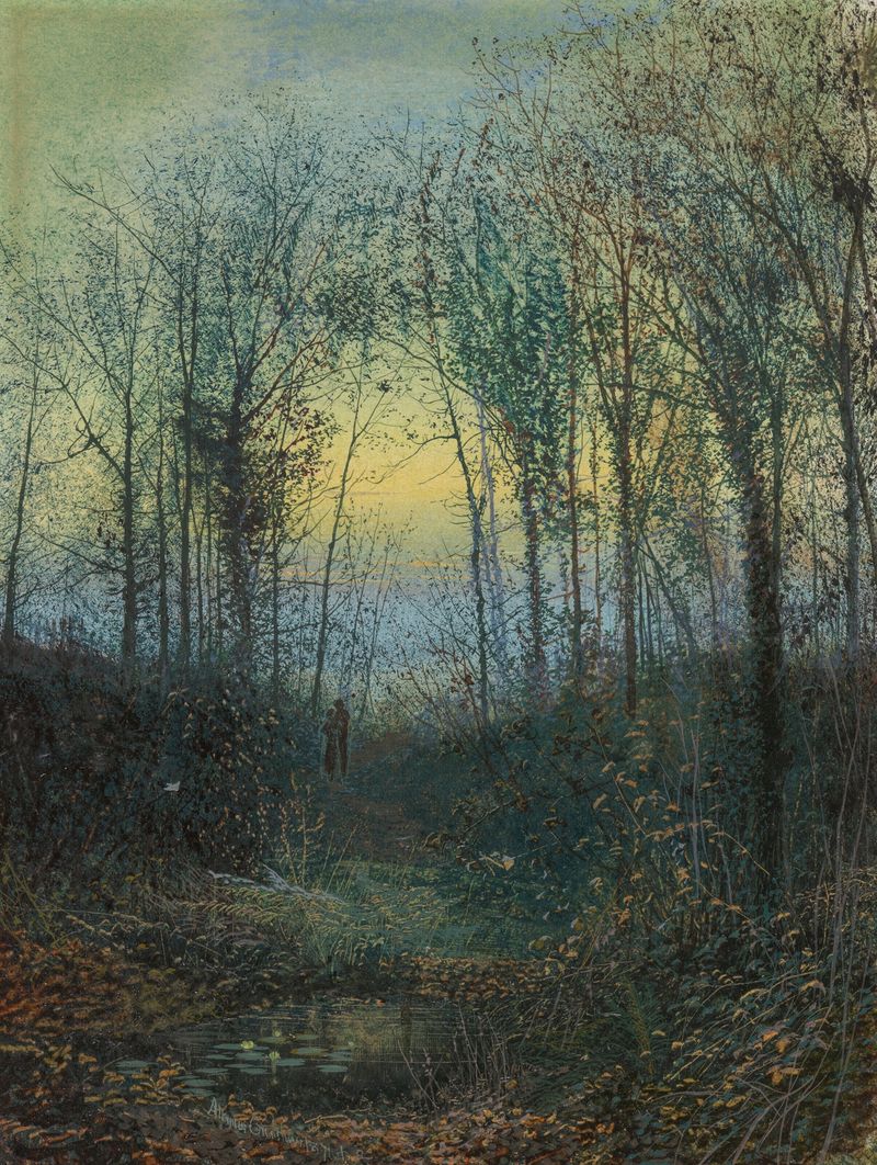 Lovers in a wood, óleo sobre lienzo de John Atkinson Grimshaw, que representa a una pareja en un bosque sereno.
