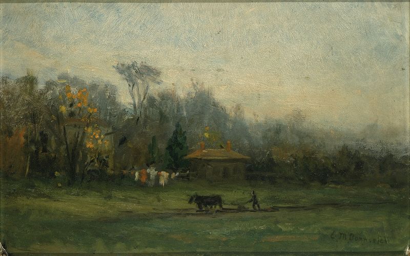 Óleo sobre tela de Edward Mitchell Bannister mostrando um homem arando campos.