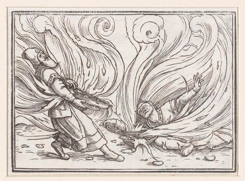 Nadab en Abihu gedood door vlammen, papel de Hans Holbein II, retratando figuras envoltas em chamas.