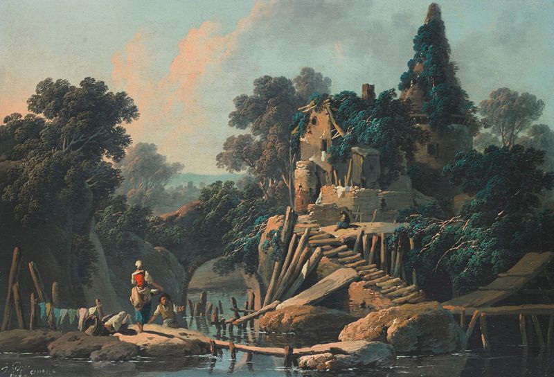 Paisagem rococó de Jean-Baptiste Pillement, com uma casa de campo e vegetação exuberante