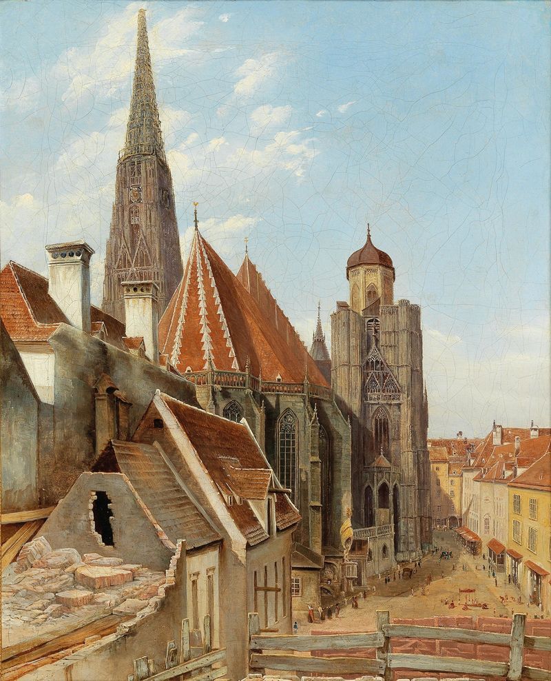 Vista da Catedral de Santo Estêvão, pintura a óleo de artista desconhecido