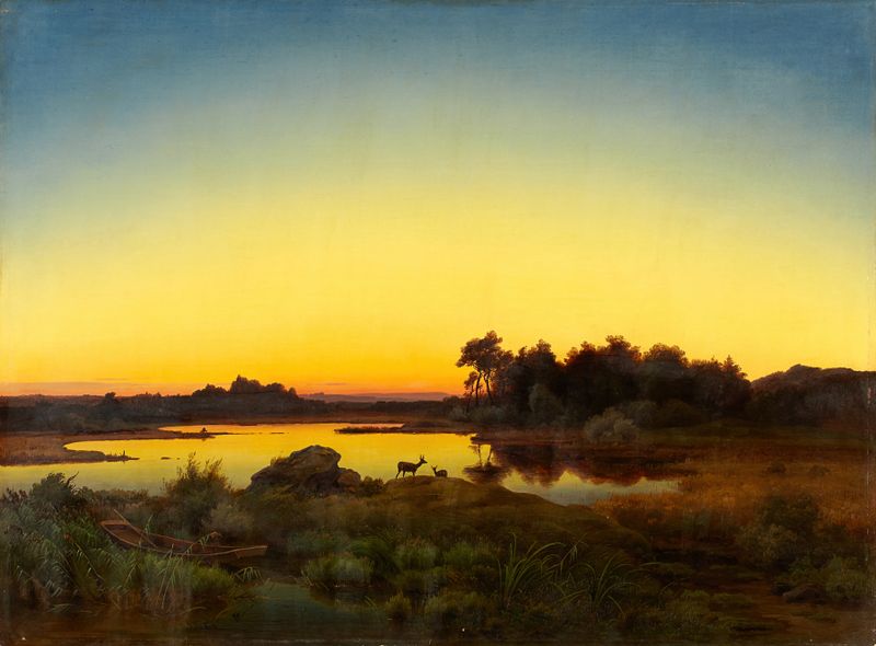 Paisagem com cervos ao pôr do sol, óleo sobre tela de Anton Zwengauer