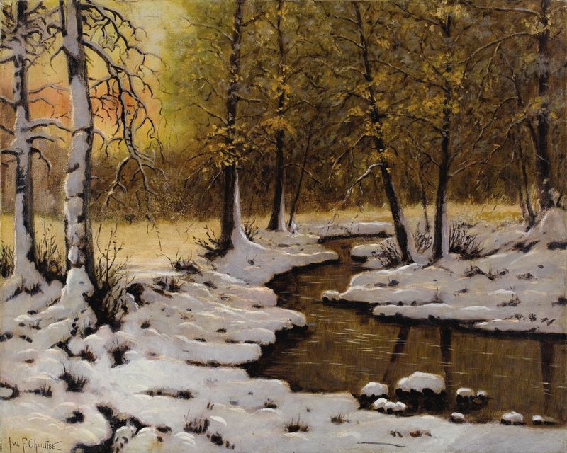 Evening Light by Ivan Fedorovich Choultse, oil on canvas depicting a landscape at dusk with golden hues.