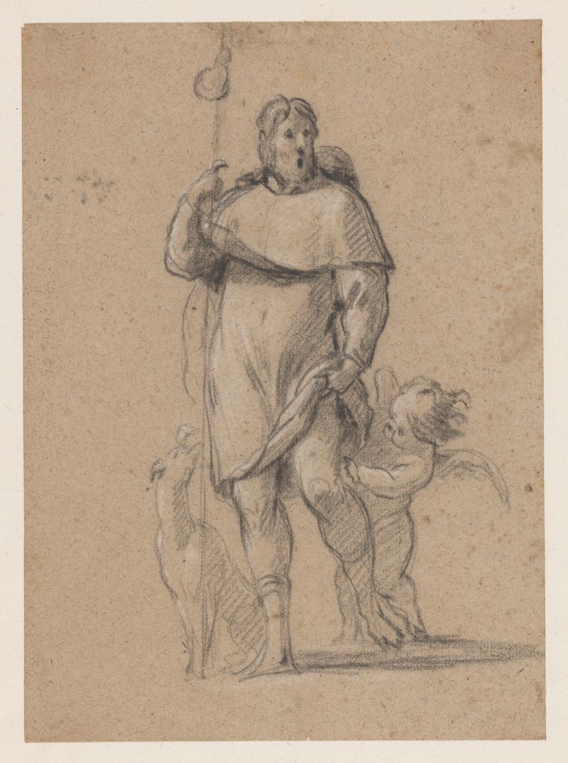 Saint Roch with a dog and angel, paper by Simon Vouet