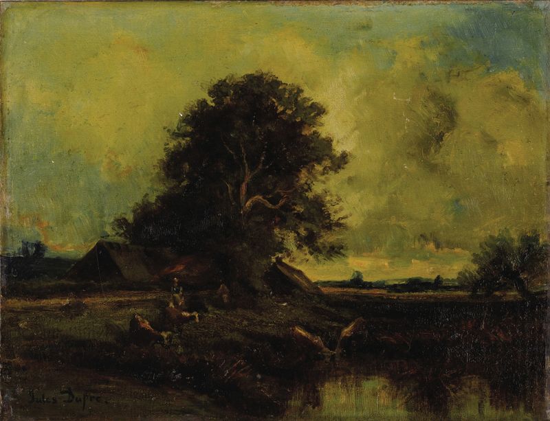 River landscape with cottage, oil painting by Jules Dupré