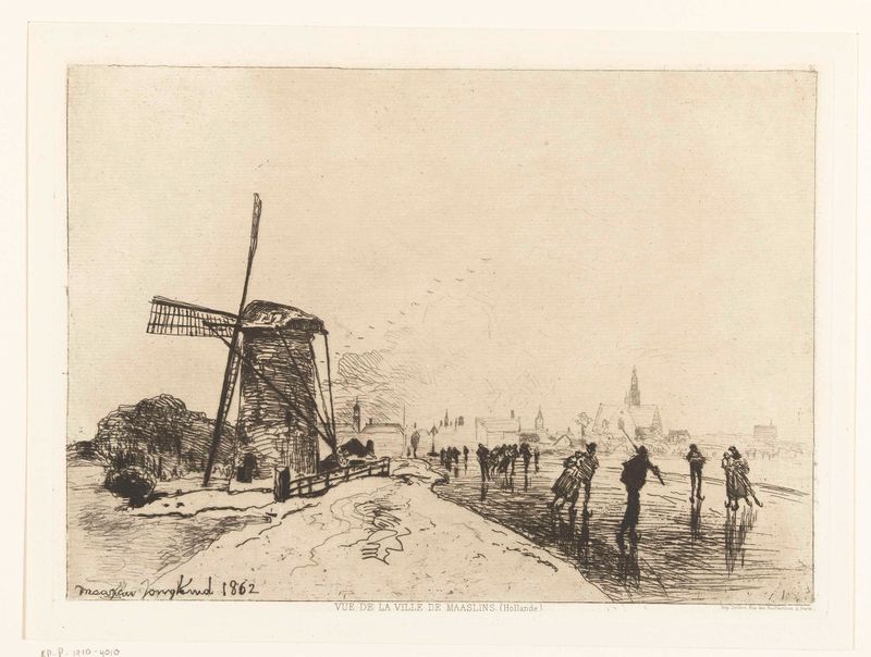 Gezicht op Maassluis grabado de Johan Barthold Jongkind que muestra barcos en un río