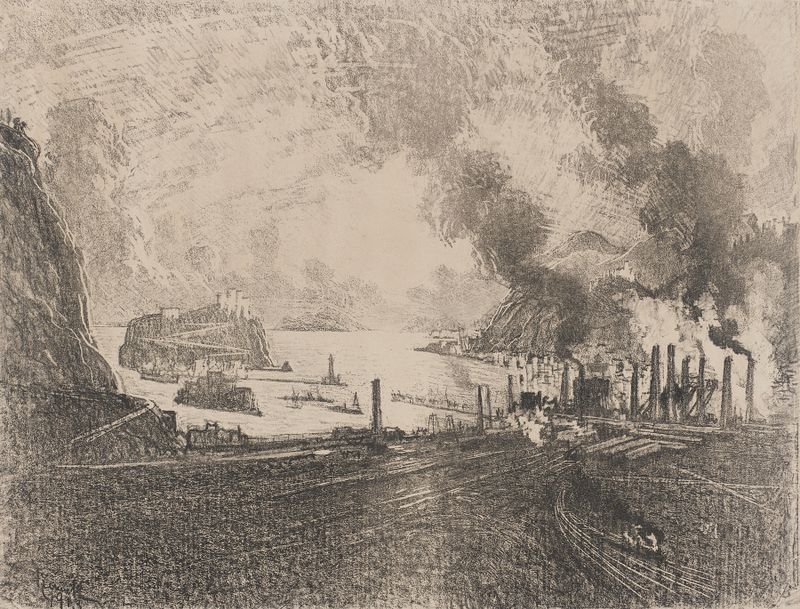 Obra figurativa de Joseph Pennell, 1917, mostrando a interação entre luz e sombra.