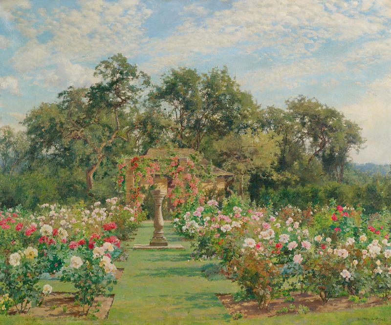 A Sundial In A Rose Garden by Alfred Parsons, depicting a sundial surrounded by blooming roses.