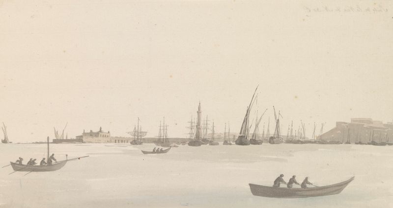 Watercolour by Abraham-Louis-Rodolphe Ducros depicting the Gulf of Naples with gentle waves.