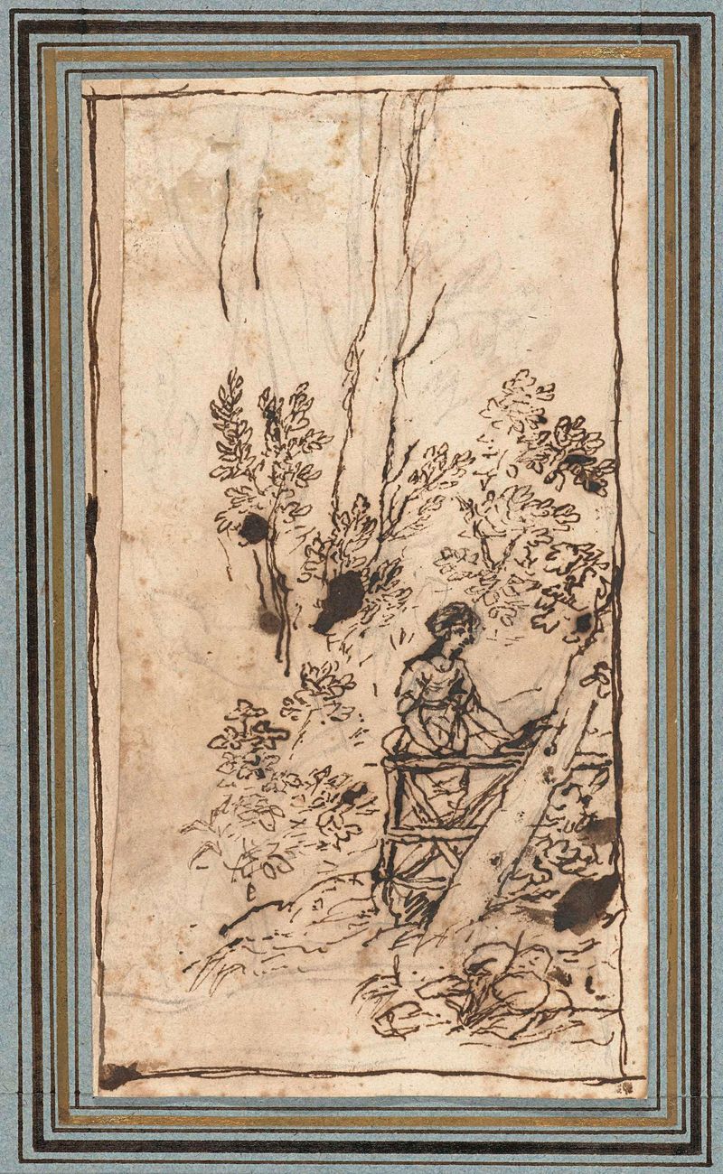 Escena figurativa de una joven junto a una puerta en un bosque, pintura al óleo de Claude Lorrain
