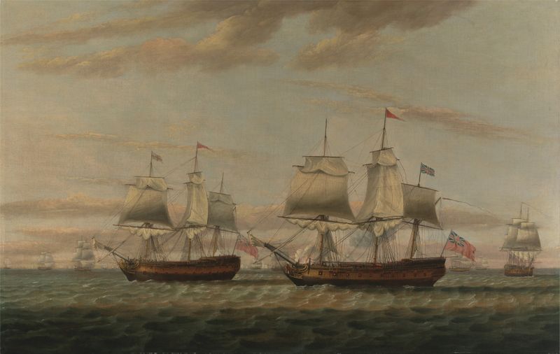 Maritime scene with ships in stormy waters, oil painting by Thomas Luny