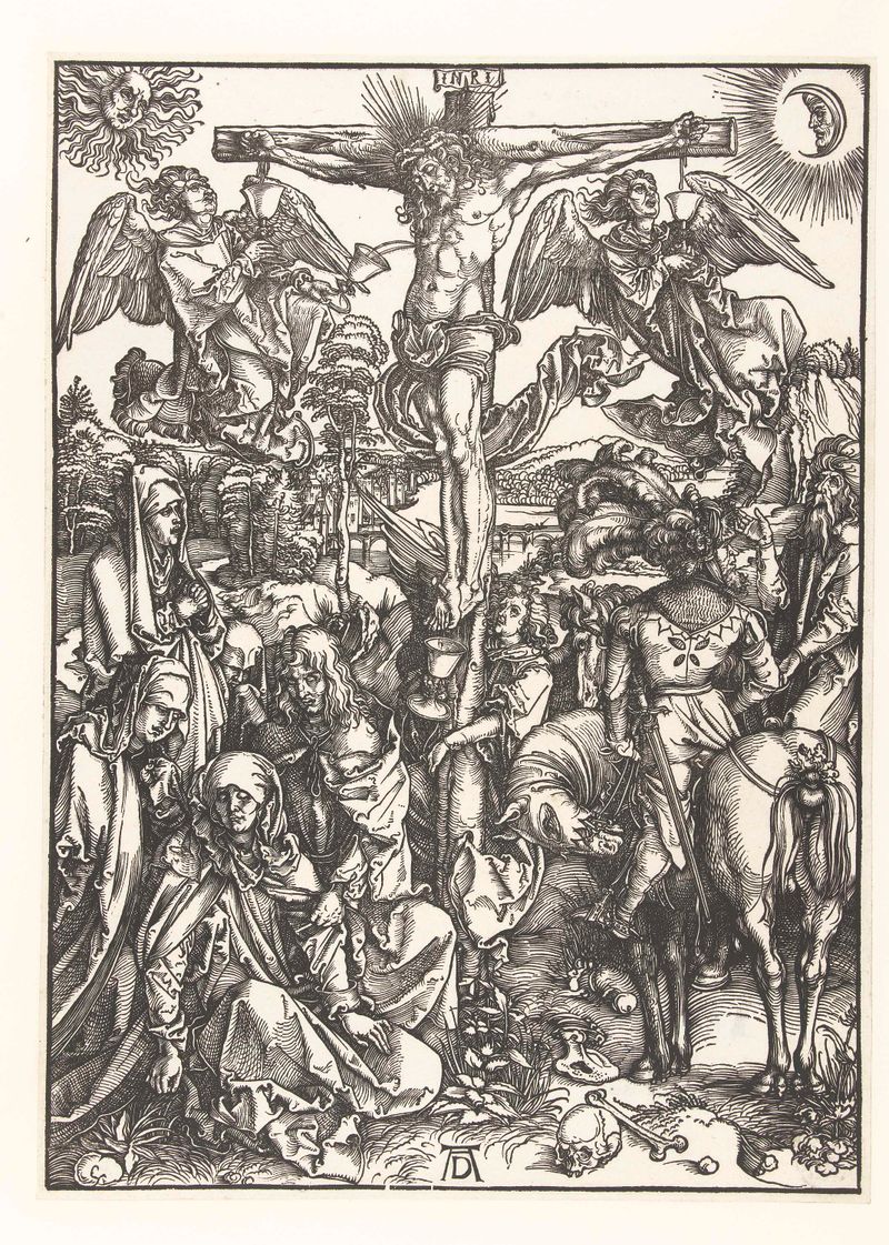 Kruisiging de Albrecht Dürer, grabado en papel que representa la crucifixión de Cristo